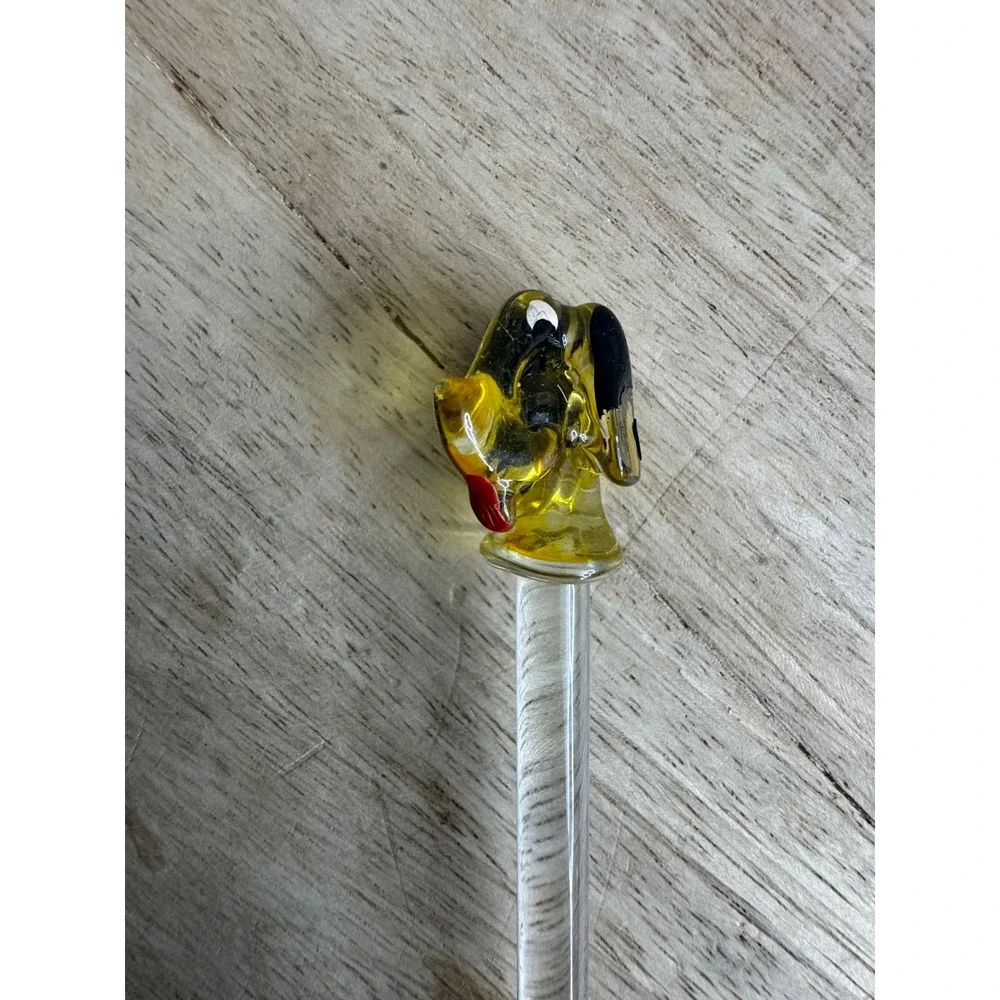 Vintage Art Glass Swizzle Stick Yellow Black‎ Dog Dachshund Figural Bar Stirrer